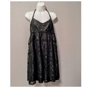 Betsey Johnson Black Prom Dress Eyelet Lace Halter Mini Cocktail Party 6 S/XS